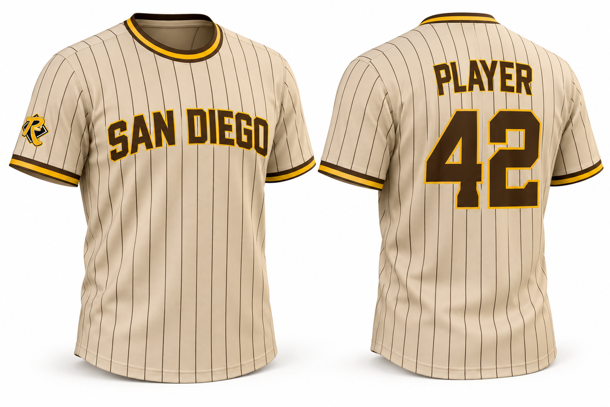 Padres Youth Cream Pinstripe short sleeve crew tee — front and back