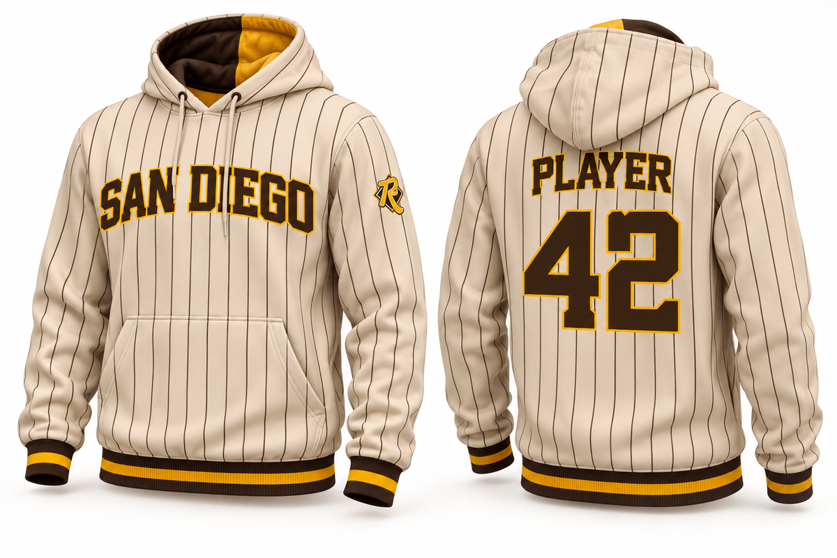 Padres Youth Cream Pinstripe long sleeve pullover hoodie — front and back