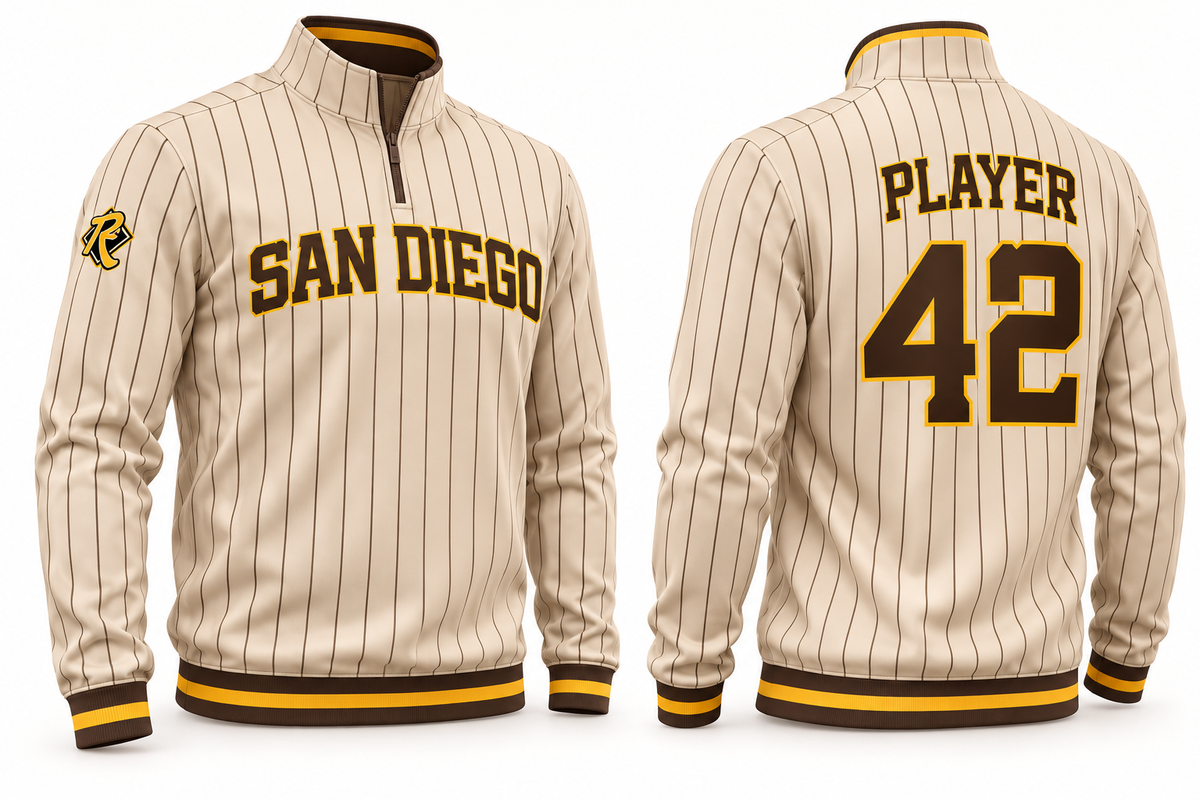 Padres Youth Cream Pinstripe long sleeve quarter-zip — front and back