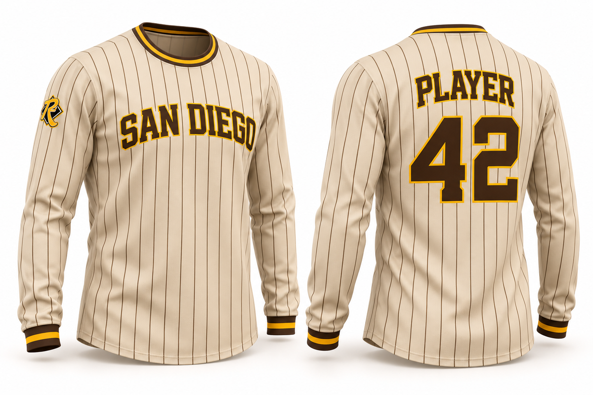 Padres Youth Cream Pinstripe long sleeve crewneck — front and back