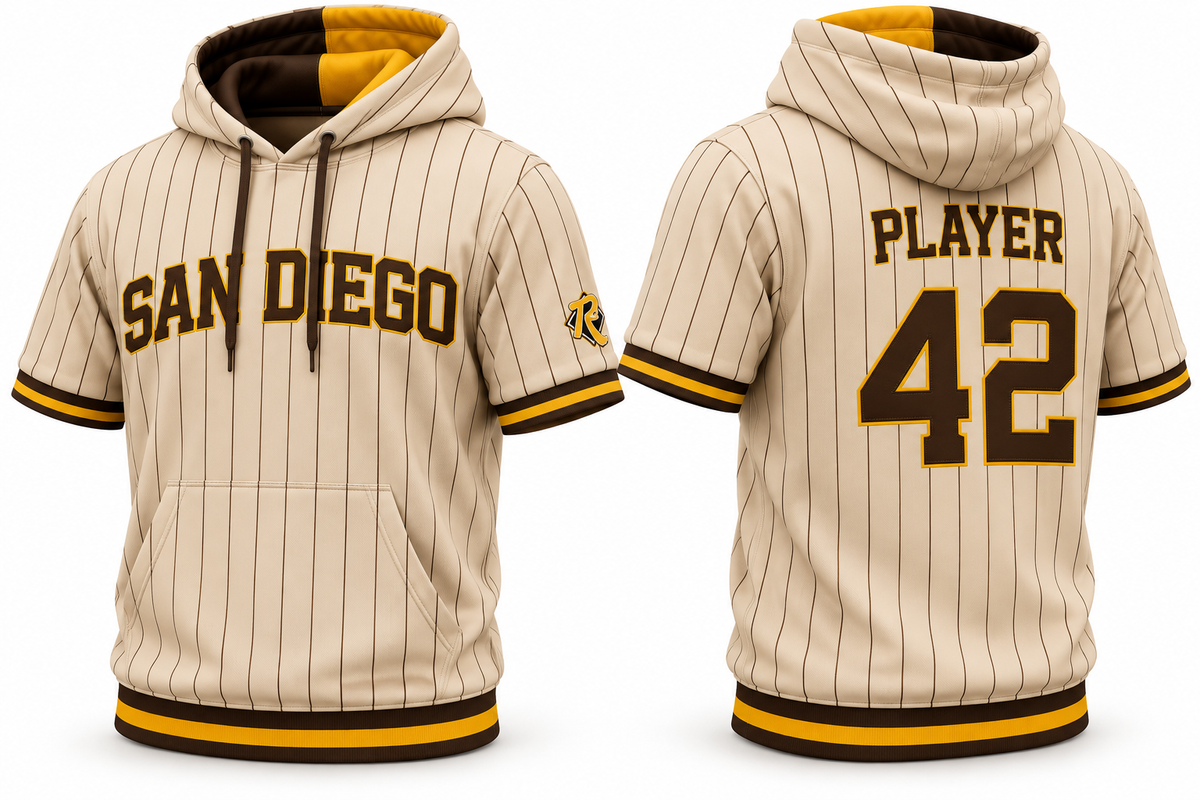 Padres Youth Cream Pinstripe short sleeve hoodie — front and back