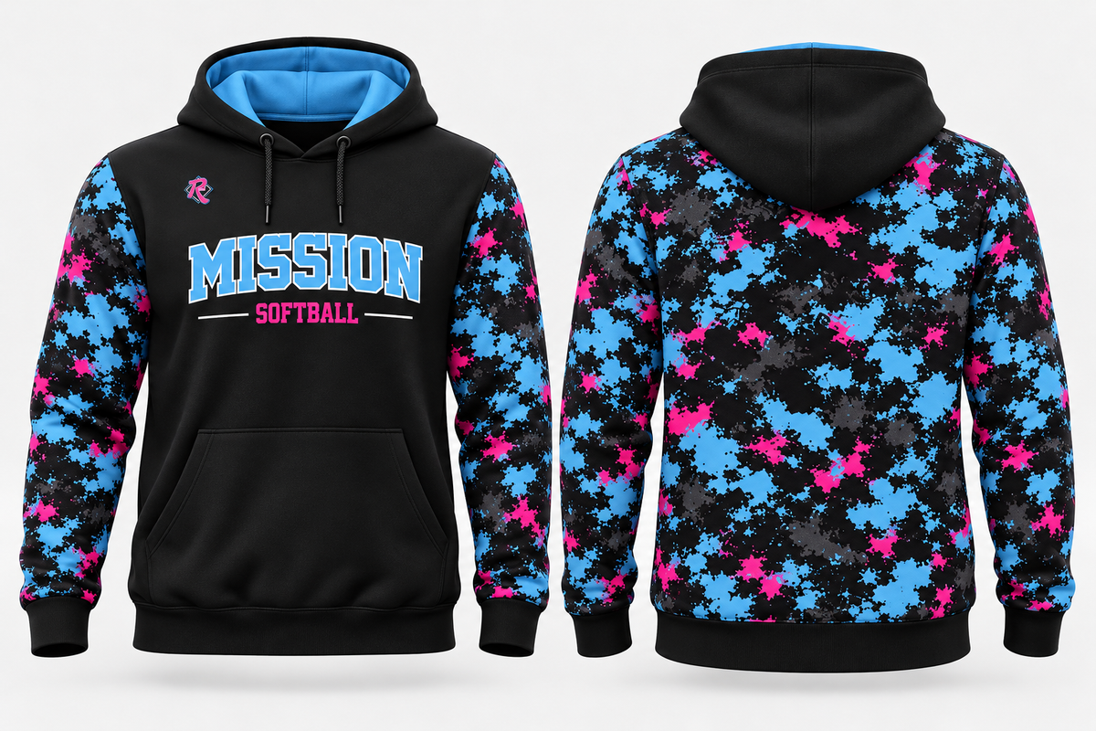 Mission Softball camo hoodie — front and back