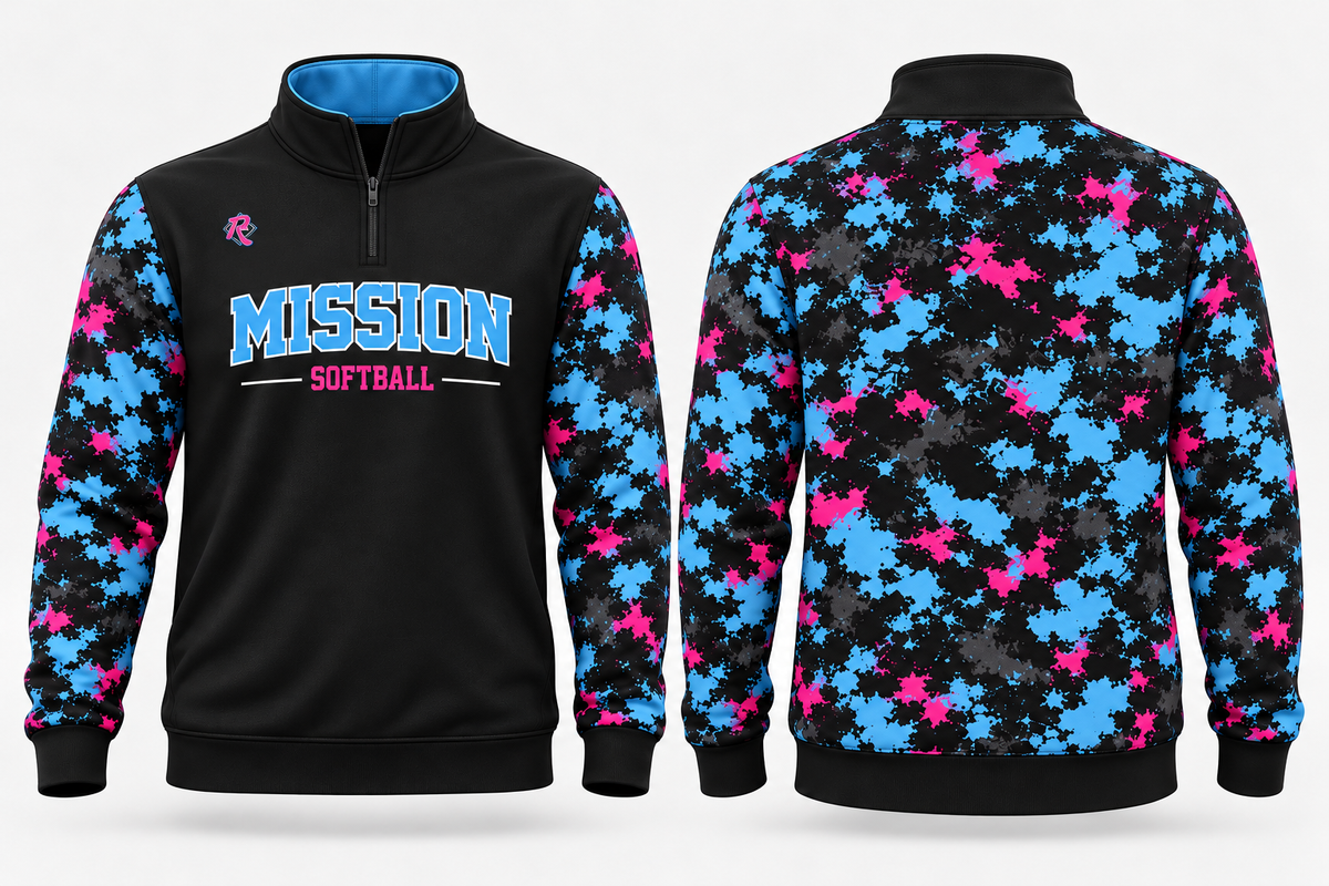 Mission Softball long sleeve quarter-zip — front and back